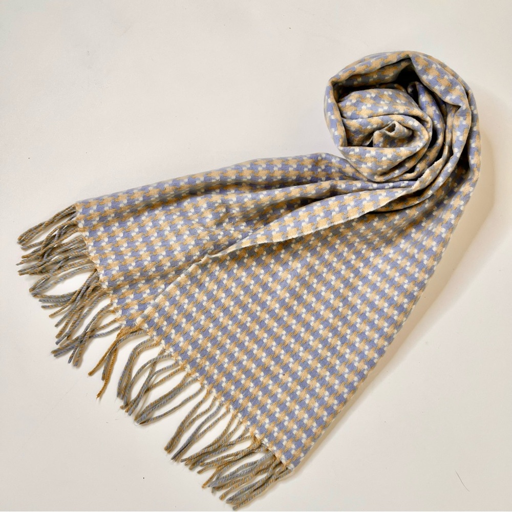 Cashmere 100% fringed Scarf pale blue tan white. Cashmere made in England large